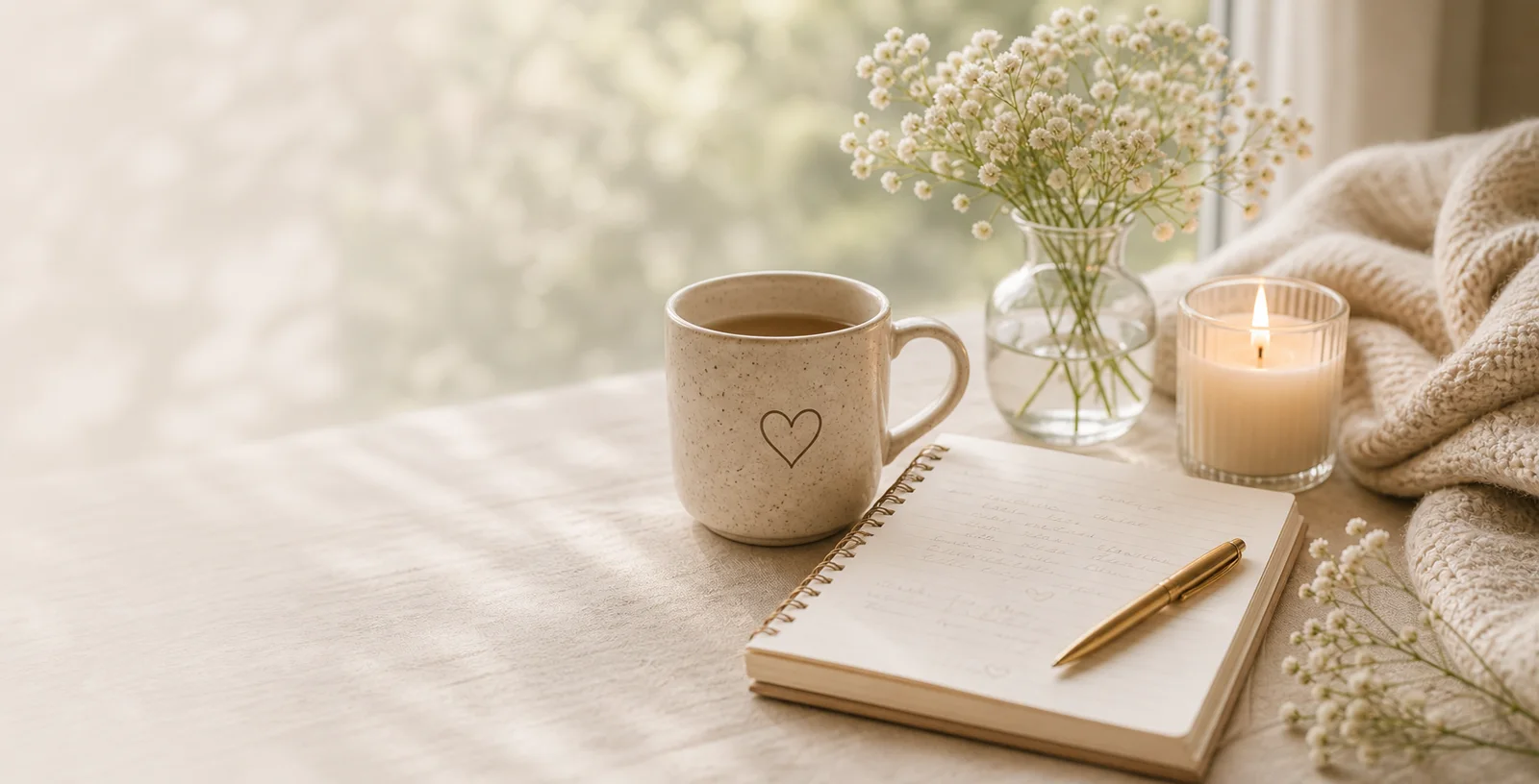 Mug, journal, candle, flowers, and soft morning light